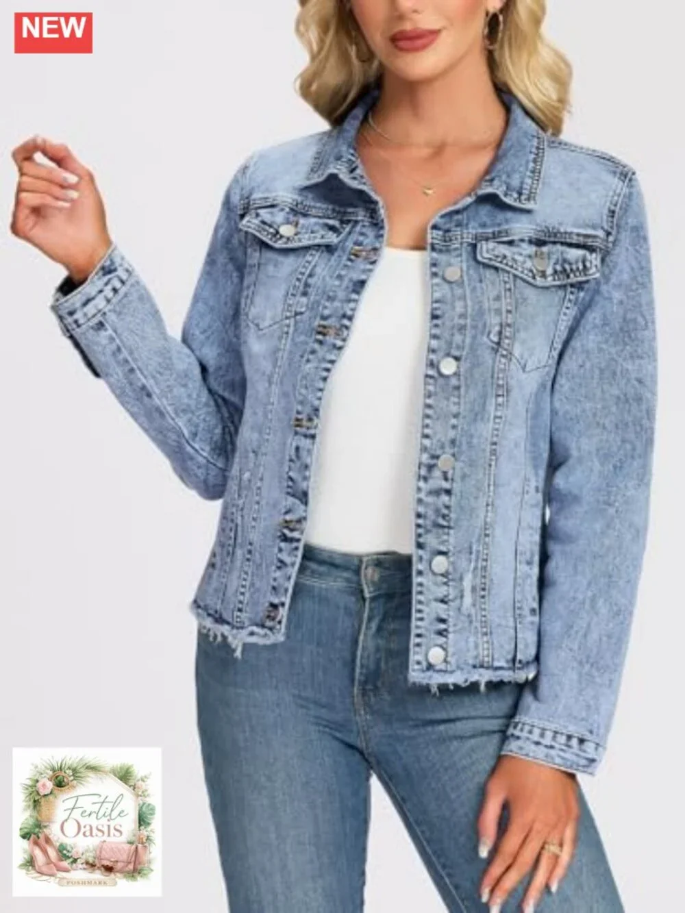 Women's Frayed Hem Denim Jacket Distressed Trucker Coat Oversized Shacket